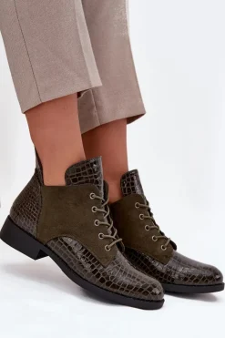 Buty damskie Vinceza Lakierowane Botki Damskie Z Ozdobnym Tłoczeniem Ocieplane Vinceza 16477 Ciemnozielone Zielony