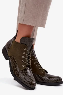 Buty damskie Vinceza Lakierowane Botki Damskie Z Ozdobnym Tłoczeniem Ocieplane Vinceza 16477 Ciemnozielone Zielony