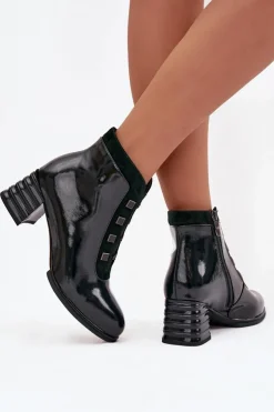 Damskie D&A Lakierowane Botki Damskie Z Naturalnej Skóry Na Słupku CR52-696 Ciemnozielone