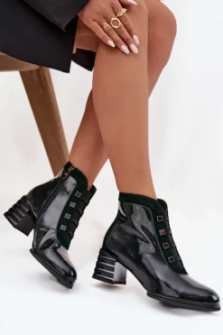 Damskie D&A Lakierowane Botki Damskie Z Naturalnej Skóry Na Słupku CR52-696 Ciemnozielone