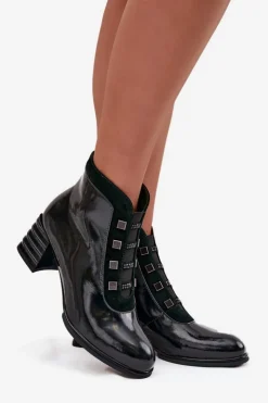 Damskie D&A Lakierowane Botki Damskie Z Naturalnej Skóry Na Słupku CR52-696 Ciemnozielone