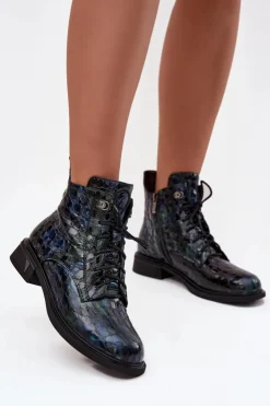 Online D&A Lakierowane Botki Damskie Z Naturalnej Skóry LZ52-962 Granatowe