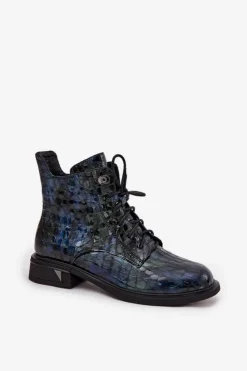 Online D&A Lakierowane Botki Damskie Z Naturalnej Skóry LZ52-962 Granatowe