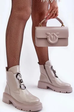 Damskie buty S.Barski Lakierowane Botki Damskie Z Ozdobą Jasnoszare S.Barski MR870-53