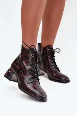 Damskie Artiker Lakierowane Botki Damskie Z Naturalnej Skóry Na Obcasie Z Kryształkami 57C0130 Bordowe