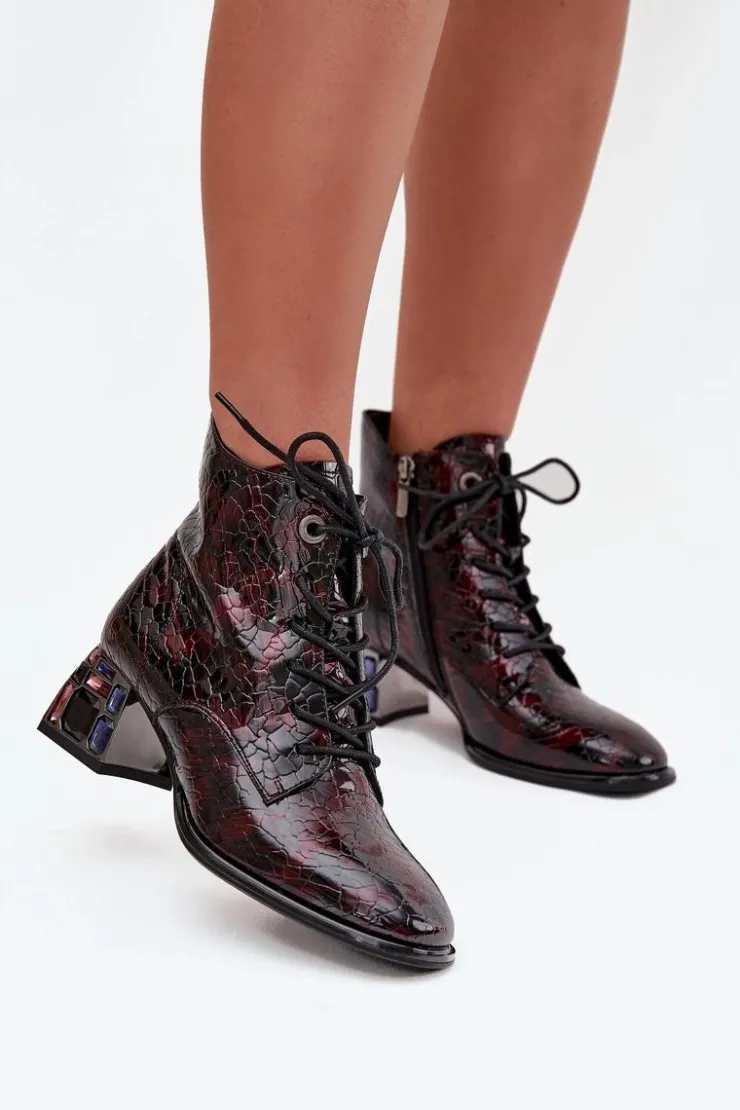 Damskie Artiker Lakierowane Botki Damskie Z Naturalnej Skóry Na Obcasie Z Kryształkami 57C0130 Bordowe