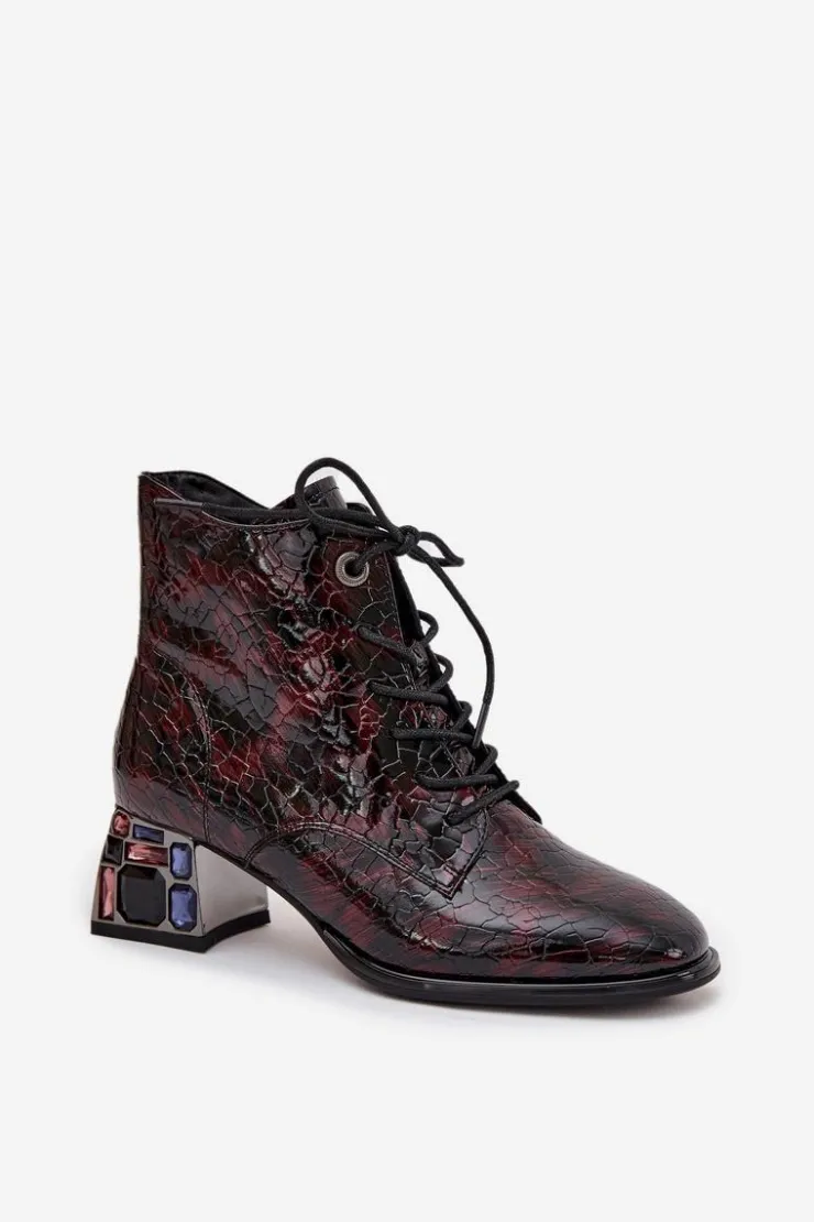 Damskie Artiker Lakierowane Botki Damskie Z Naturalnej Skóry Na Obcasie Z Kryształkami 57C0130 Bordowe