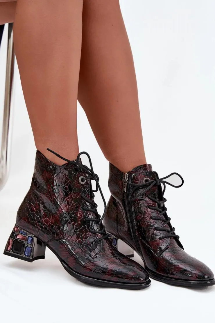 Damskie Artiker Lakierowane Botki Damskie Z Naturalnej Skóry Na Obcasie Z Kryształkami 57C0130 Bordowe