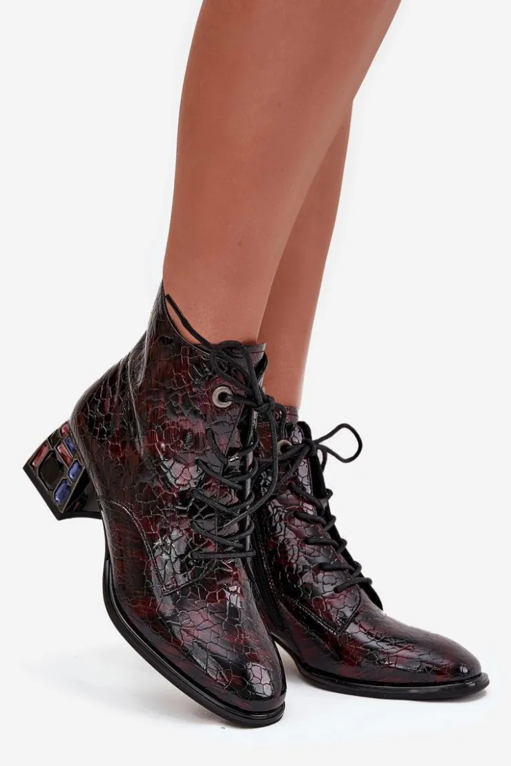 Damskie Artiker Lakierowane Botki Damskie Z Naturalnej Skóry Na Obcasie Z Kryształkami 57C0130 Bordowe