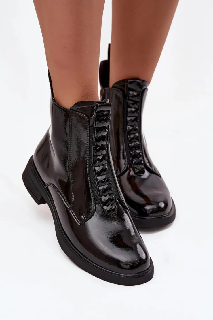 Damskie D&A Lakierowane Botki Damskie Z Naturalnej Skóry MR52-108 Czarne