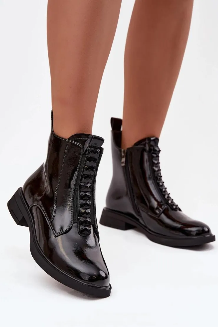 Damskie D&A Lakierowane Botki Damskie Z Naturalnej Skóry MR52-108 Czarne