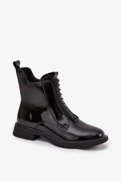 Damskie D&A Lakierowane Botki Damskie Z Naturalnej Skóry MR52-108 Czarne