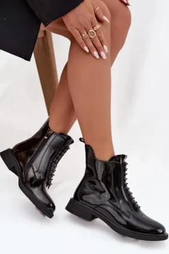 Damskie D&A Lakierowane Botki Damskie Z Naturalnej Skóry MR52-108 Czarne