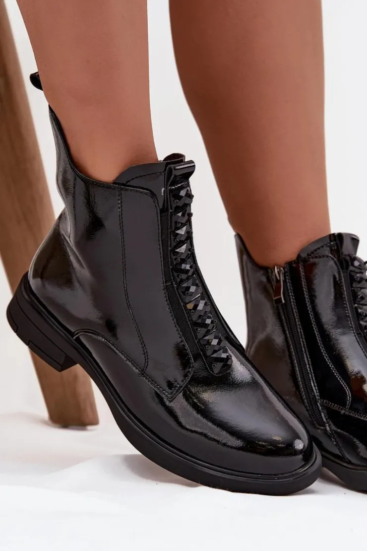 Damskie D&A Lakierowane Botki Damskie Z Naturalnej Skóry MR52-108 Czarne