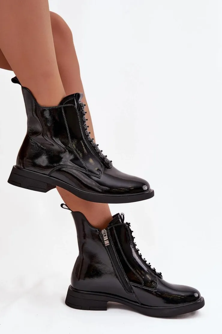 Damskie D&A Lakierowane Botki Damskie Z Naturalnej Skóry MR52-108 Czarne