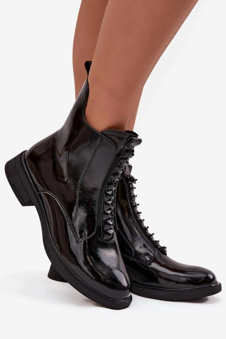 Damskie D&A Lakierowane Botki Damskie Z Naturalnej Skóry MR52-108 Czarne