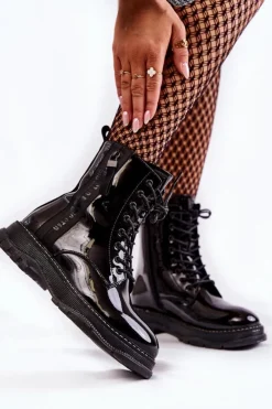 Big Star Shoes Botki Sznurowane|Czarne Botki*Lakierowane Botki Glany Big Star KK274489 Czarne