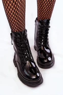 Big Star Shoes Botki Sznurowane|Czarne Botki*Lakierowane Botki Glany Big Star KK274489 Czarne