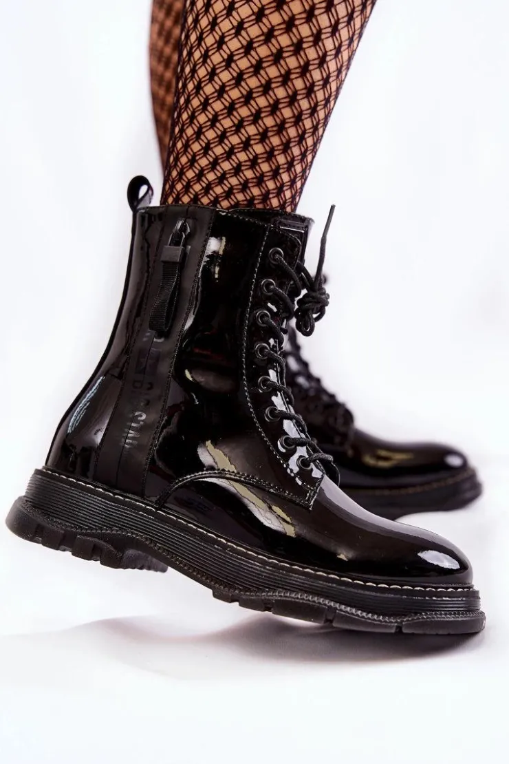 Big Star Shoes Botki Sznurowane|Czarne Botki*Lakierowane Botki Glany Big Star KK274489 Czarne