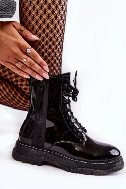 Big Star Shoes Botki Sznurowane|Czarne Botki*Lakierowane Botki Glany Big Star KK274489 Czarne