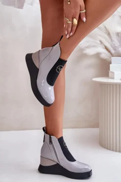 Damskie Buty damskie Vinceza Lakierowane Botki Na Koturnie Ocieplane Vinceza 66703 Szare