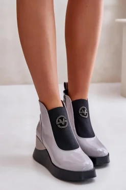 Damskie Buty damskie Vinceza Lakierowane Botki Na Koturnie Ocieplane Vinceza 66703 Szare