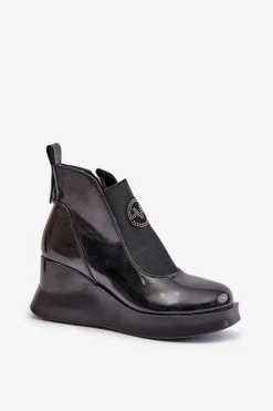 Buty damskie Vinceza Botki Ocieplane|Botki Na Koturnie*Lakierowane Botki Na Koturnie Ocieplane Vinceza 66703 Czarne Czarny