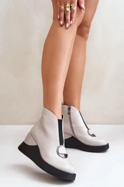 Damskie buty S.Barski Botki Ocieplane|Botki Na Koturnie*Lakierowane Botki Na Koturnie Ocieplane D&A MR880-136 Jasnoszare Szary