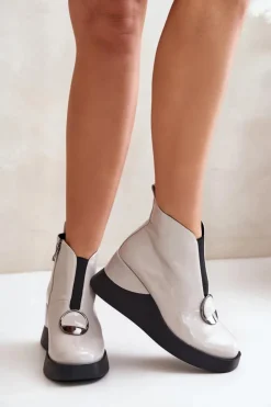 Damskie buty S.Barski Botki Ocieplane|Botki Na Koturnie*Lakierowane Botki Na Koturnie Ocieplane D&A MR880-136 Jasnoszare Szary