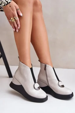 Damskie buty S.Barski Botki Ocieplane|Botki Na Koturnie*Lakierowane Botki Na Koturnie Ocieplane D&A MR880-136 Jasnoszare Szary