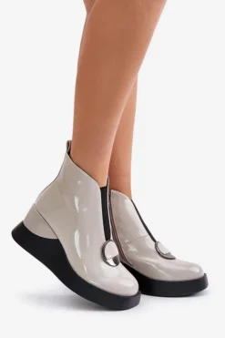 Damskie buty S.Barski Botki Ocieplane|Botki Na Koturnie*Lakierowane Botki Na Koturnie Ocieplane D&A MR880-136 Jasnoszare Szary