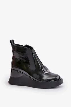 Discount Damskie buty S.Barski Lakierowane Botki Na Koturnie Ocieplane D&A MR880-136 Czarne