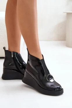Discount Damskie buty S.Barski Lakierowane Botki Na Koturnie Ocieplane D&A MR880-136 Czarne