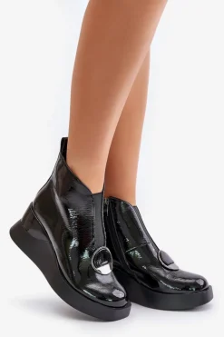 Discount Damskie buty S.Barski Lakierowane Botki Na Koturnie Ocieplane D&A MR880-136 Czarne