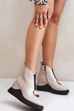 Damskie Damskie buty S.Barski Lakierowane Botki Na Koturnie Ocieplane D&A MR880-136 Beżowe