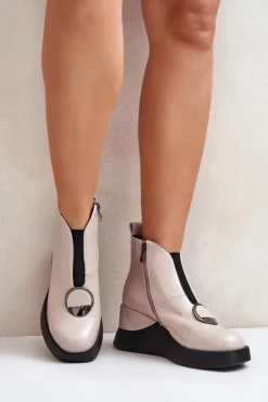 Damskie Damskie buty S.Barski Lakierowane Botki Na Koturnie Ocieplane D&A MR880-136 Beżowe