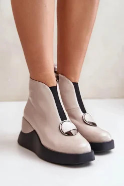 Damskie Damskie buty S.Barski Lakierowane Botki Na Koturnie Ocieplane D&A MR880-136 Beżowe