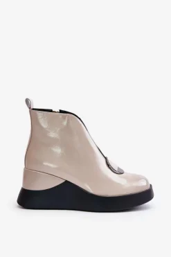 Damskie Damskie buty S.Barski Lakierowane Botki Na Koturnie Ocieplane D&A MR880-136 Beżowe