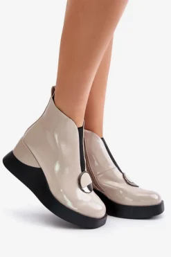 Damskie Damskie buty S.Barski Lakierowane Botki Na Koturnie Ocieplane D&A MR880-136 Beżowe