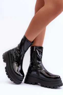 Boto Czarne Botki|Botki Płaskie*Lakierowane Botki Na Masywnej Platformie Czarne Mibrac