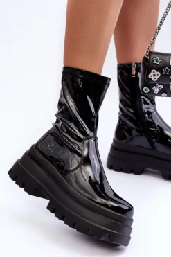 Boto Czarne Botki|Botki Płaskie*Lakierowane Botki Na Masywnej Platformie Czarne Mibrac