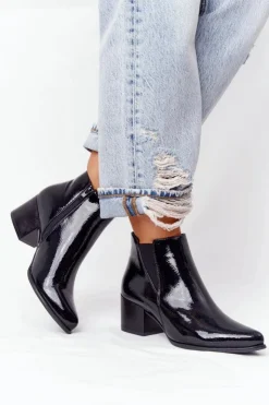 Buty Sergio Leone Botki Na Słupku|Czarne Botki*Lakierowane Botki Na Obcasie Sergio Leone BT153 Czarne