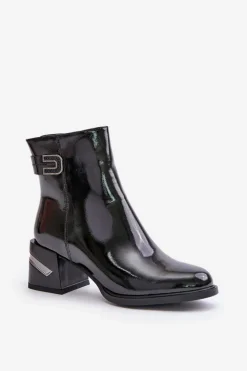 Sale Damskie buty S.Barski Lakierowane Botki Na Obcasie Ocieplane MR880-093 Czarne Czarny