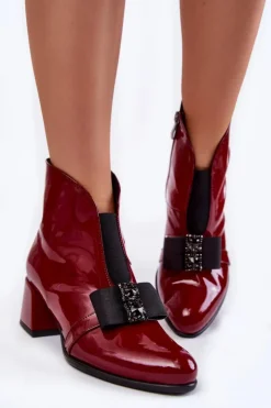 Damskie Boto Lakierowane Botki Na Obcasie Z Ozdobną Kokardą Bordowe Hallie
