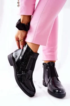 Buty Sergio Leone Czarne Botki|Botki Zimowe Damskie*Lakierowane Botki Na Obcasie Sergio Leone BT400 Czarne