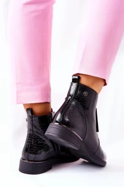 Buty Sergio Leone Czarne Botki|Botki Zimowe Damskie*Lakierowane Botki Na Obcasie Sergio Leone BT400 Czarne