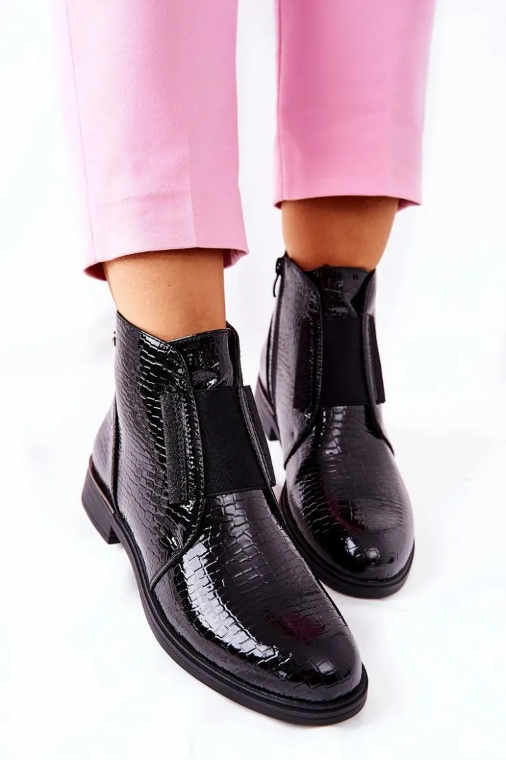 Buty Sergio Leone Czarne Botki|Botki Zimowe Damskie*Lakierowane Botki Na Obcasie Sergio Leone BT400 Czarne