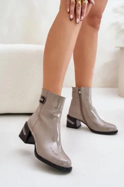 Damskie buty S.Barski Botki Ocieplane|Botki Na Słupku*Lakierowane Botki Na Obcasie Ocieplane MR880-093 Szare Szary