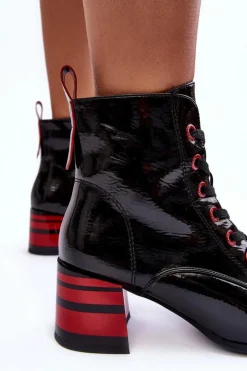 Damskie buty S.Barski Botki Sznurowane|Botki Na Słupku*Lakierowane Botki Na Obcasie S.Barski MR870-49 Czarne