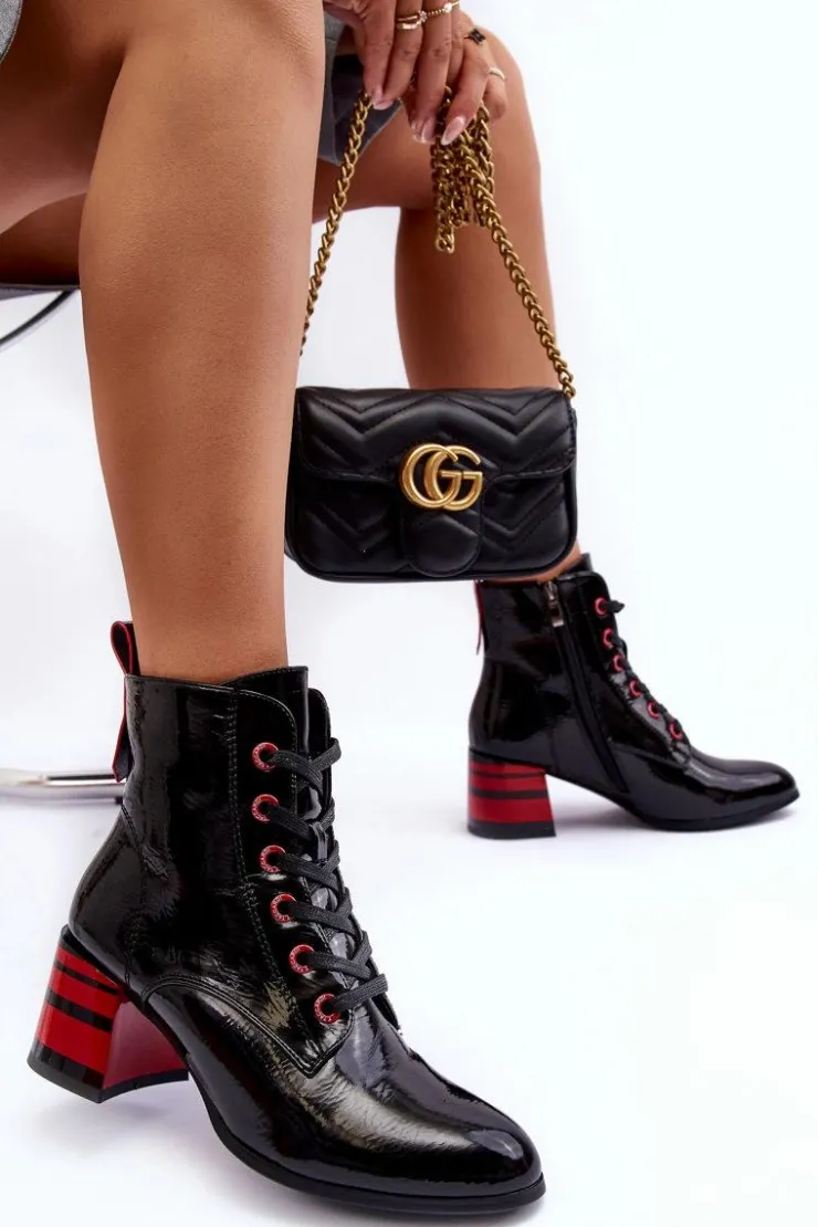 Damskie buty S.Barski Botki Sznurowane|Botki Na Słupku*Lakierowane Botki Na Obcasie S.Barski MR870-49 Czarne